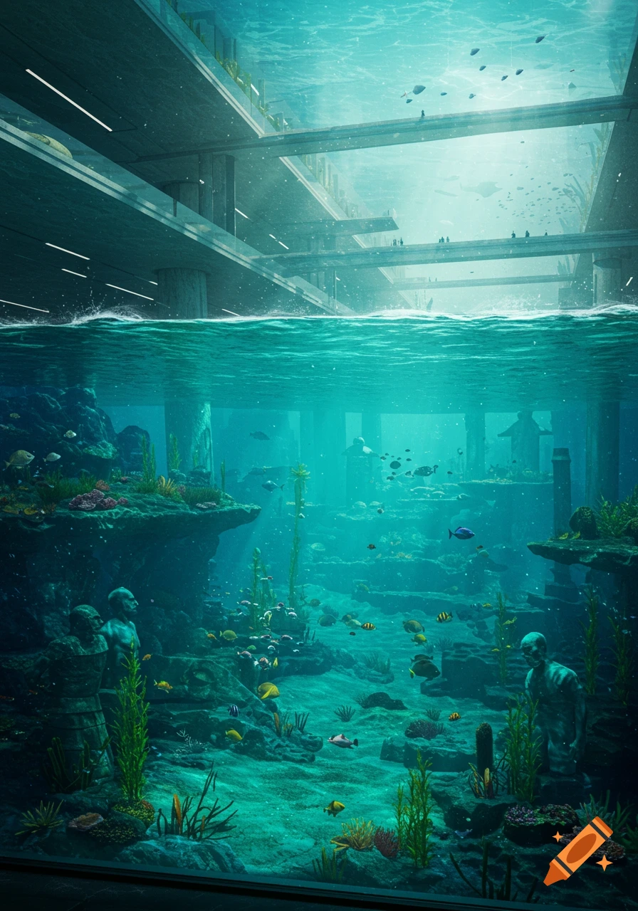 An underwater view of a futuristic submerged building with fish, coral, and light shining through the water.