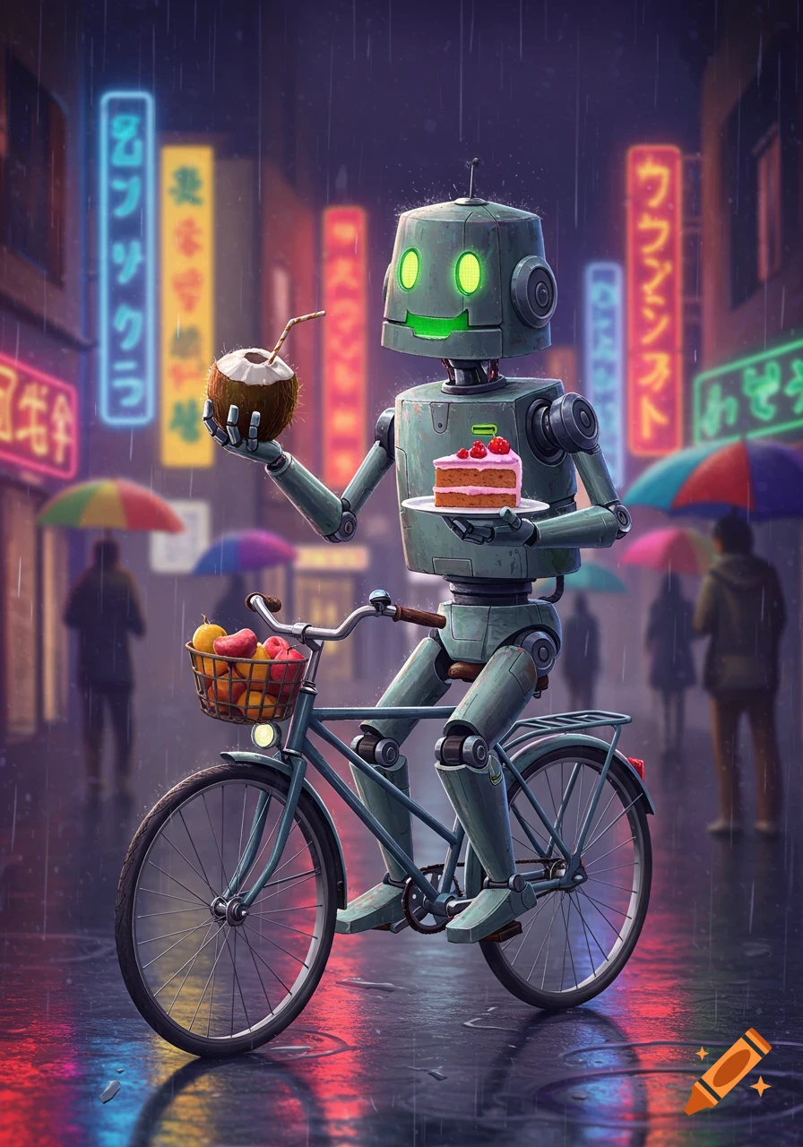A charming robot rides a bicycle in a rainy city street at night, holding a coconut drink and a slice of cake, with neon signs glowing in the background.