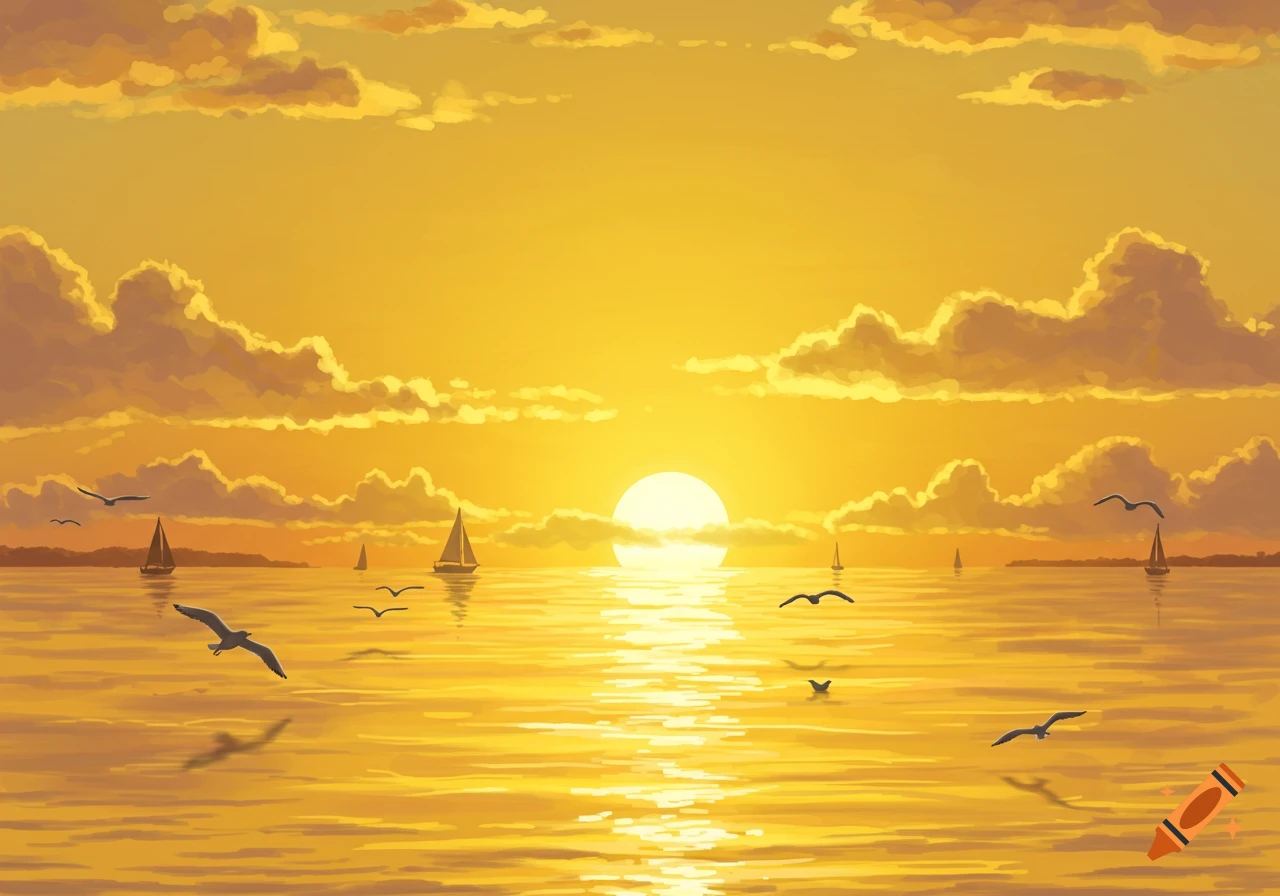 Illustrative golden sunset over water with sailboats and flying birds.