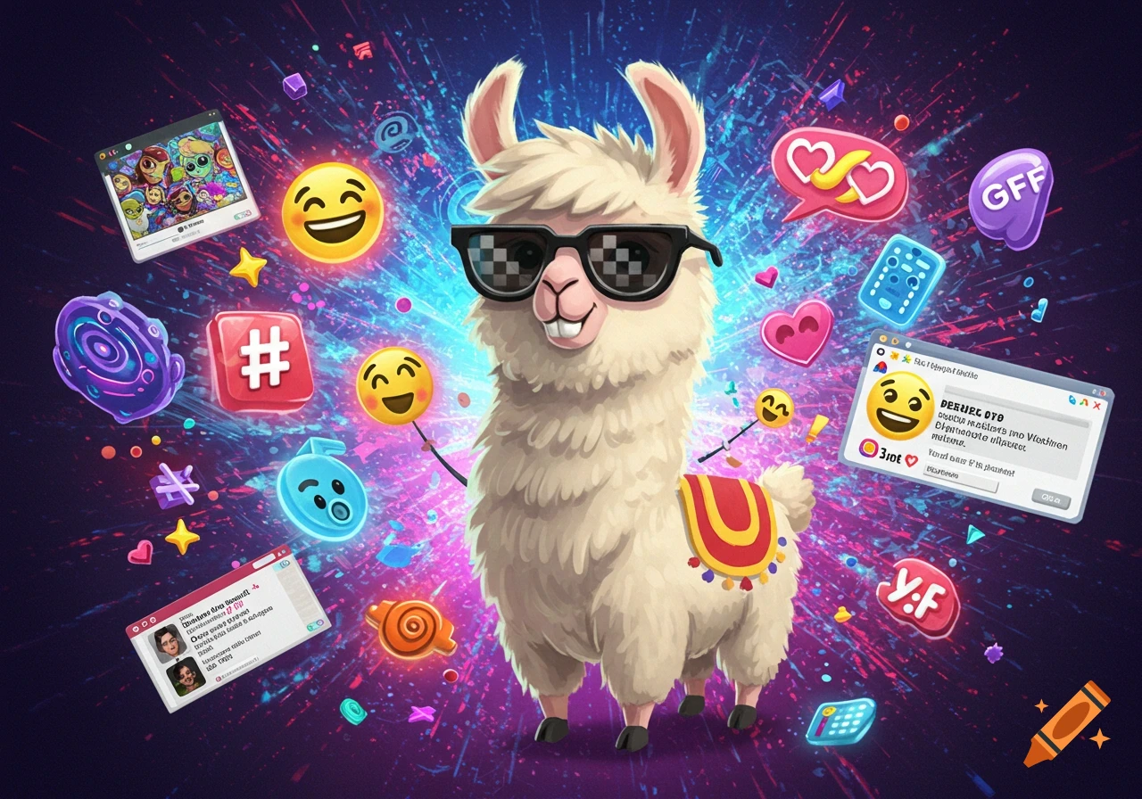 A cartoon llama in pixelated sunglasses surrounded by colorful internet and social media icons on a vibrant background.