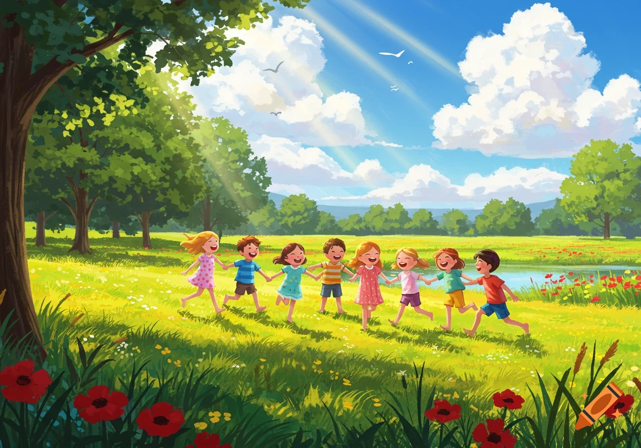 An illustration of happy children holding hands and running through a vibrant green field with trees, flowers, and a blue sky.