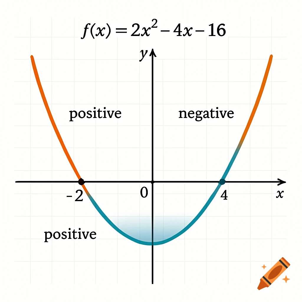 A graph of the quadratic function f(x) = 2x2- 4x - 16, showing positive and negative regions relative to the x-axis.