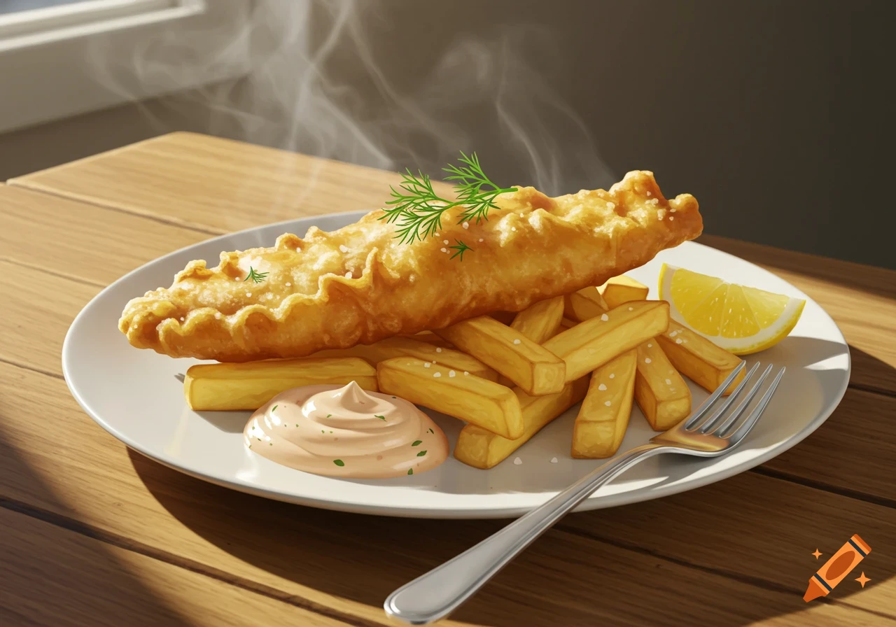 Steaming hot fish and chips with pink sauce, lemon, and a fork on a white plate on a wooden table.