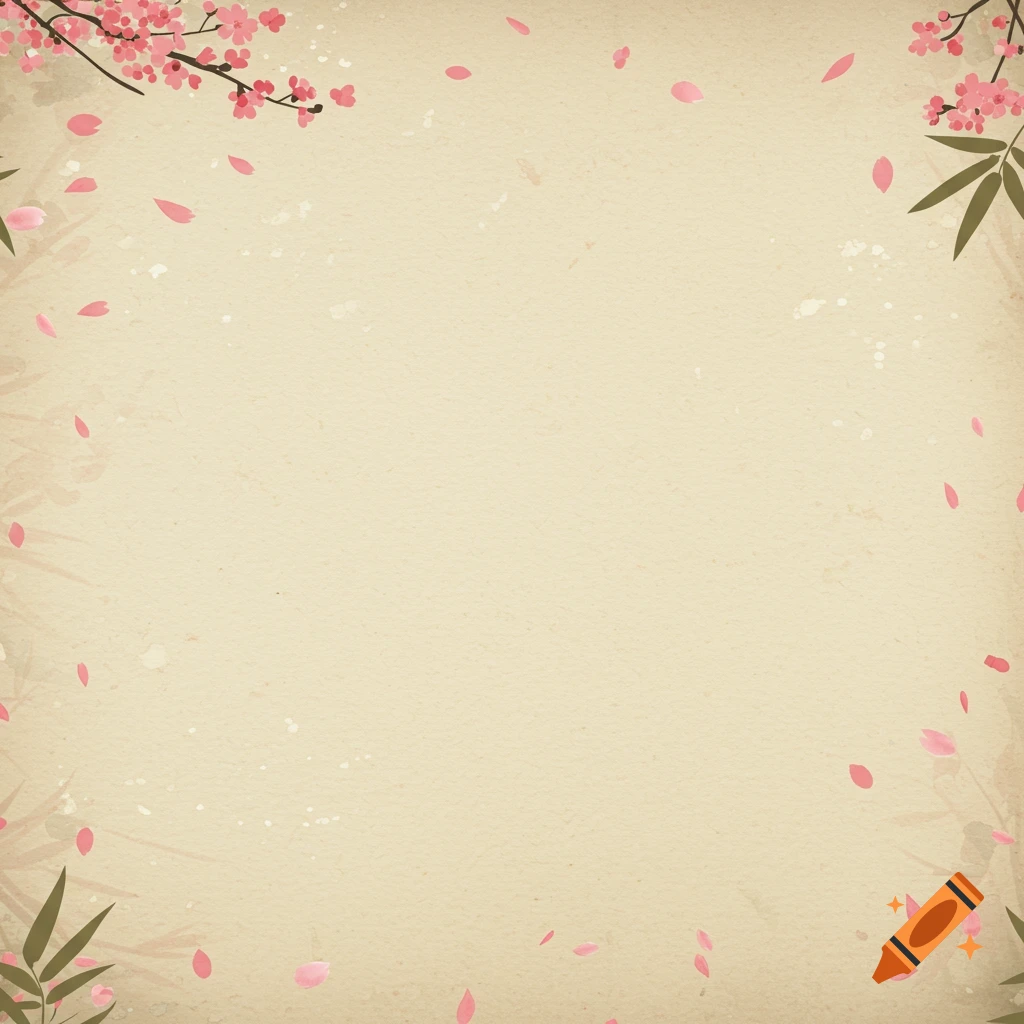 A textured beige background with pink cherry blossoms, bamboo leaves, and scattered petals in a Far East style.