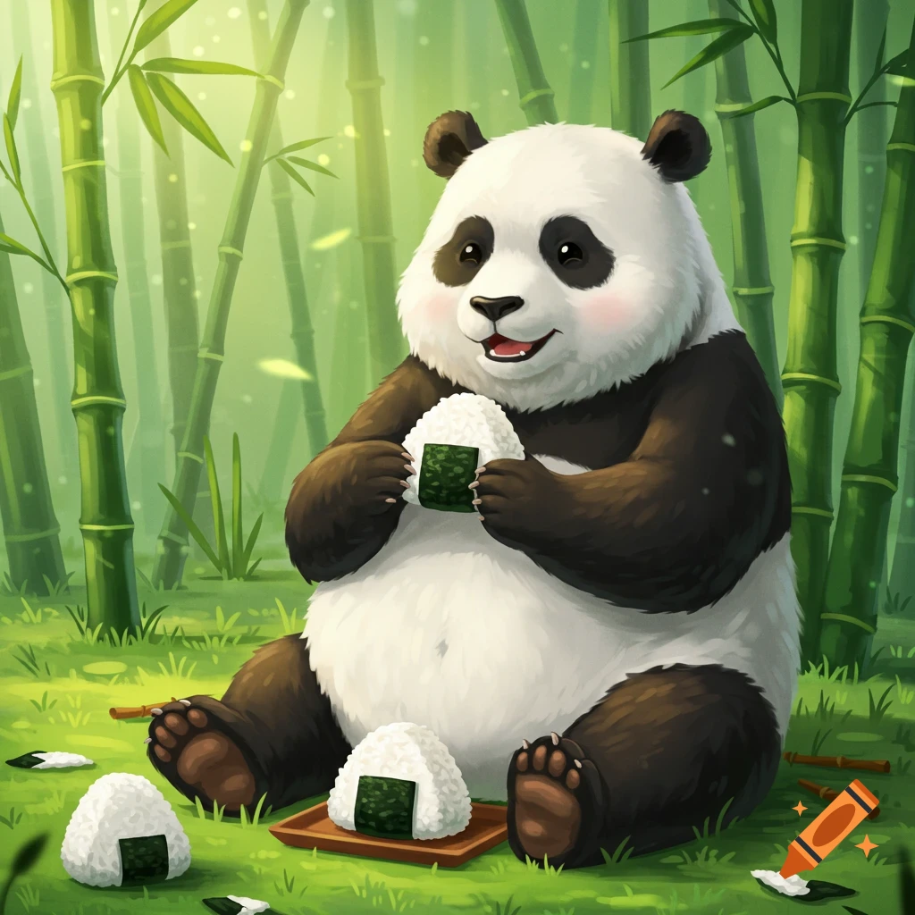 A cute, cartoon-style panda sits in a lush bamboo forest, happily eating an onigiri, with more onigiri around it.