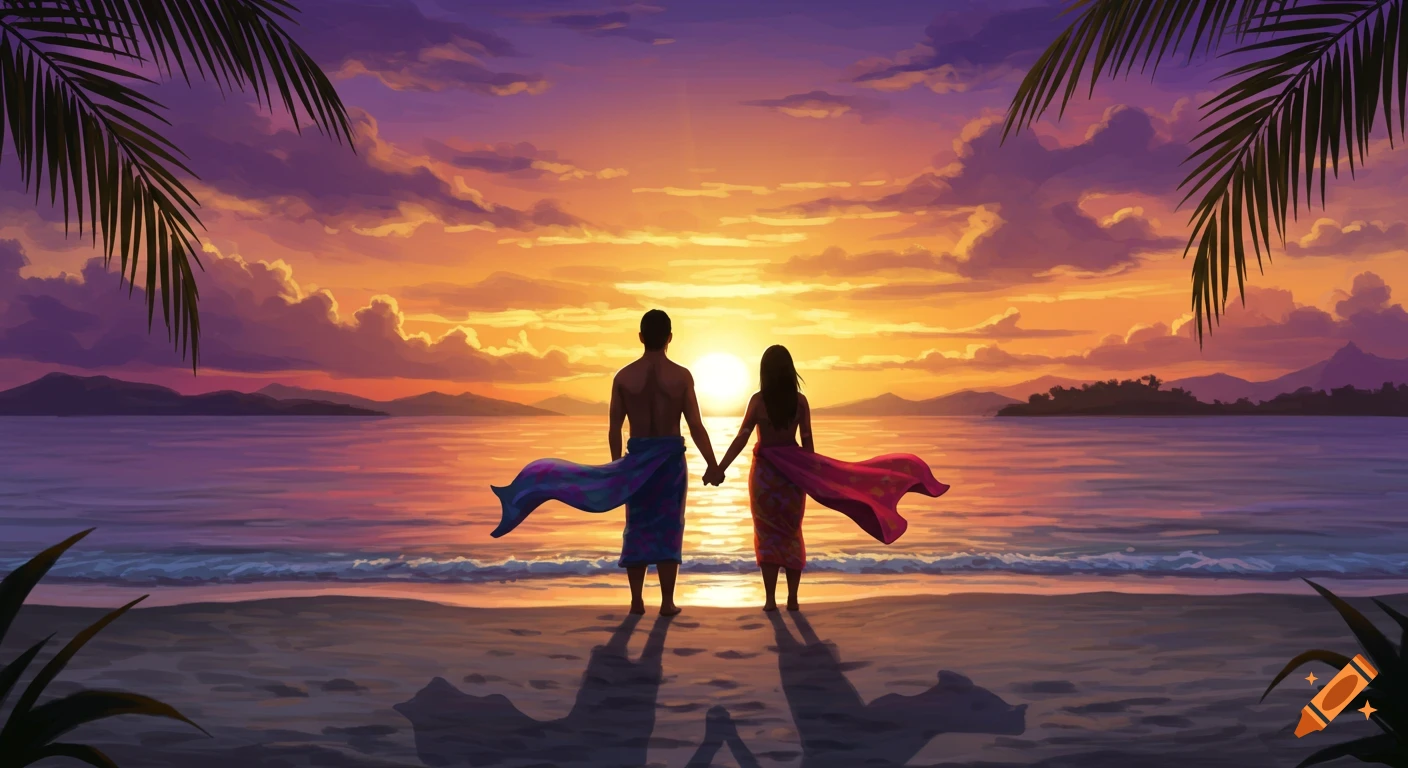 A stylized illustration of a couple holding hands on a beach, silhouetted against a vibrant sunset over the ocean.