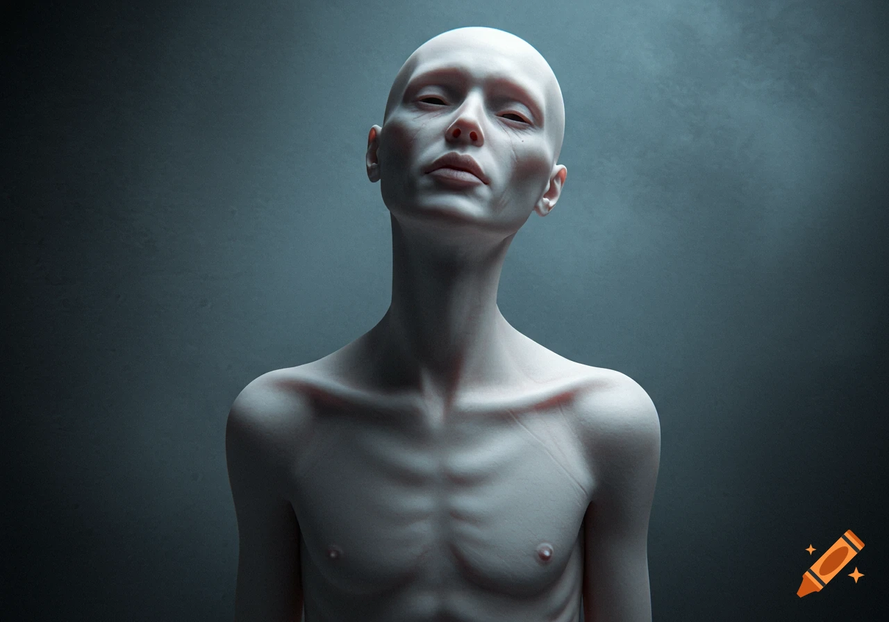 An extremely pale and emaciated bald person with visible ribs and collarbones, looking up against a dark background, in a surreal, artistic style.