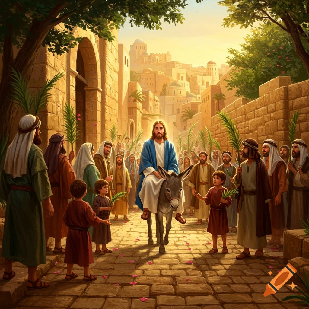 Jesus rides a donkey into Jerusalem, greeted by a crowd with palm branches on a stone street at sunset.