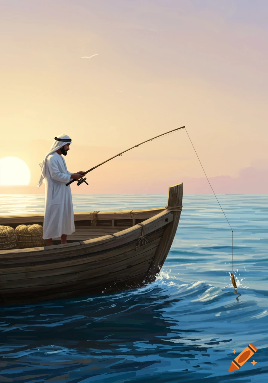 A man in traditional Arabian attire fishing from a wooden boat at sunset on a calm sea.