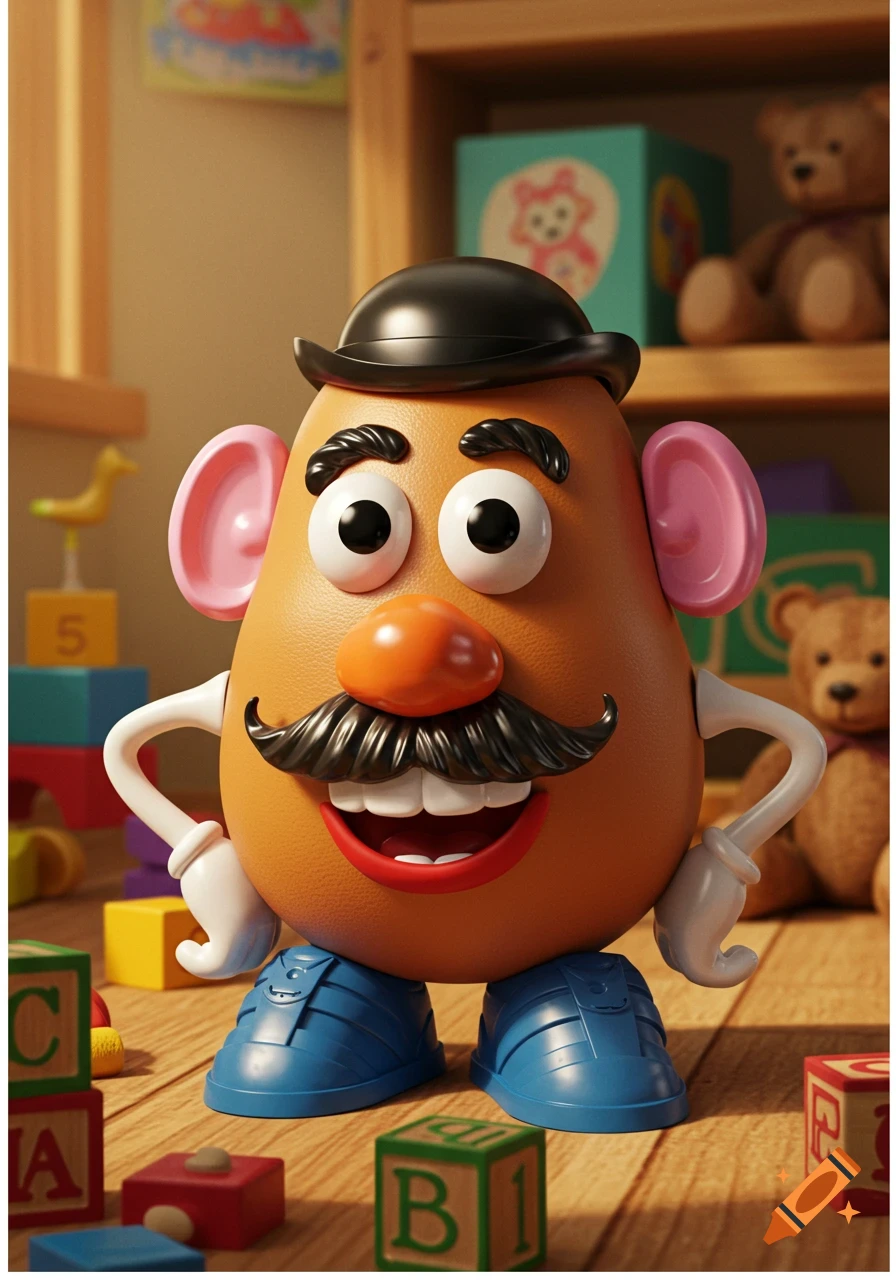 A photorealistic 3D render of Mr. Potato Head smiling in a playroom, surrounded by colorful building blocks and other toys.