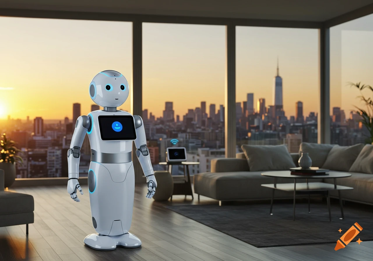 A white robot stands in a modern apartment with large windows overlooking a city skyline at sunset.