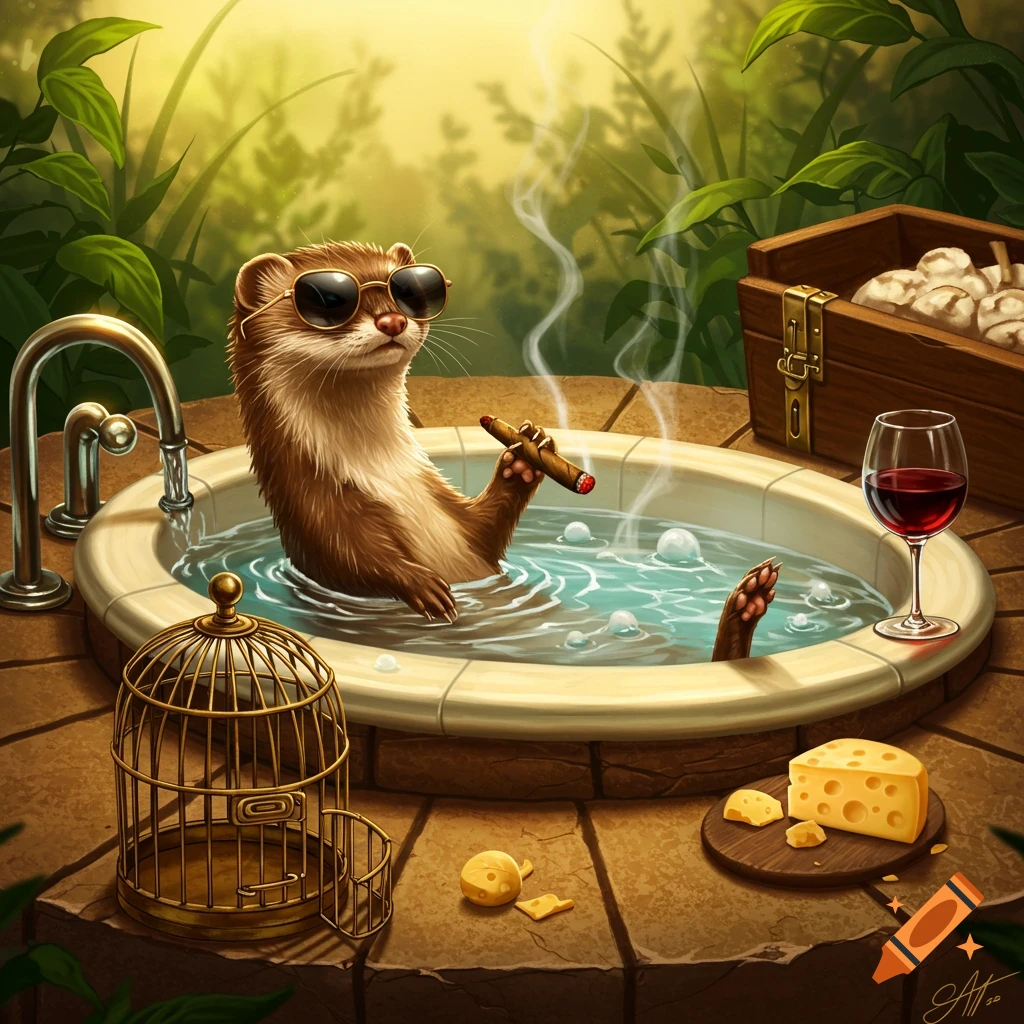 A cartoon weasel in sunglasses smokes a cigar while relaxing in an outdoor spa with wine and cheese.