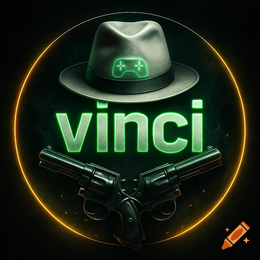 Cinematic gaming logo featuring a fedora with a glowing controller, the word 'vinci' in neon green, and crossed revolvers.