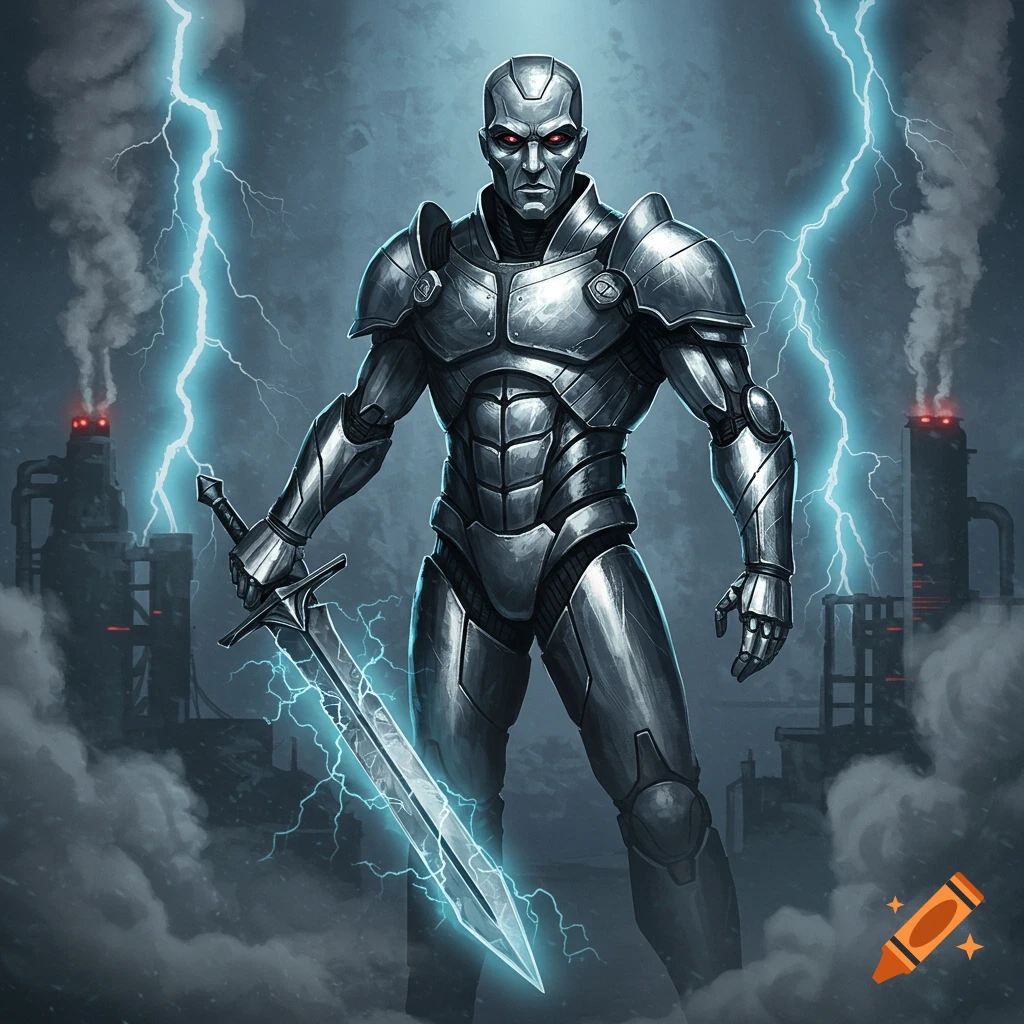 A metallic armored robot villain with glowing red eyes holds an electrified sword amidst lightning and smoky industrial factories.