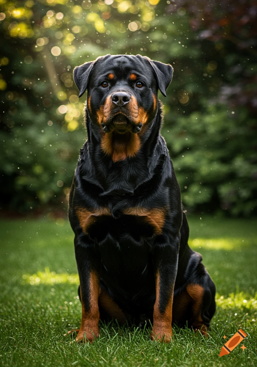 A majestic black and tan Rottweiler dog sits on green grass, looking forward with a soft, bokeh background.