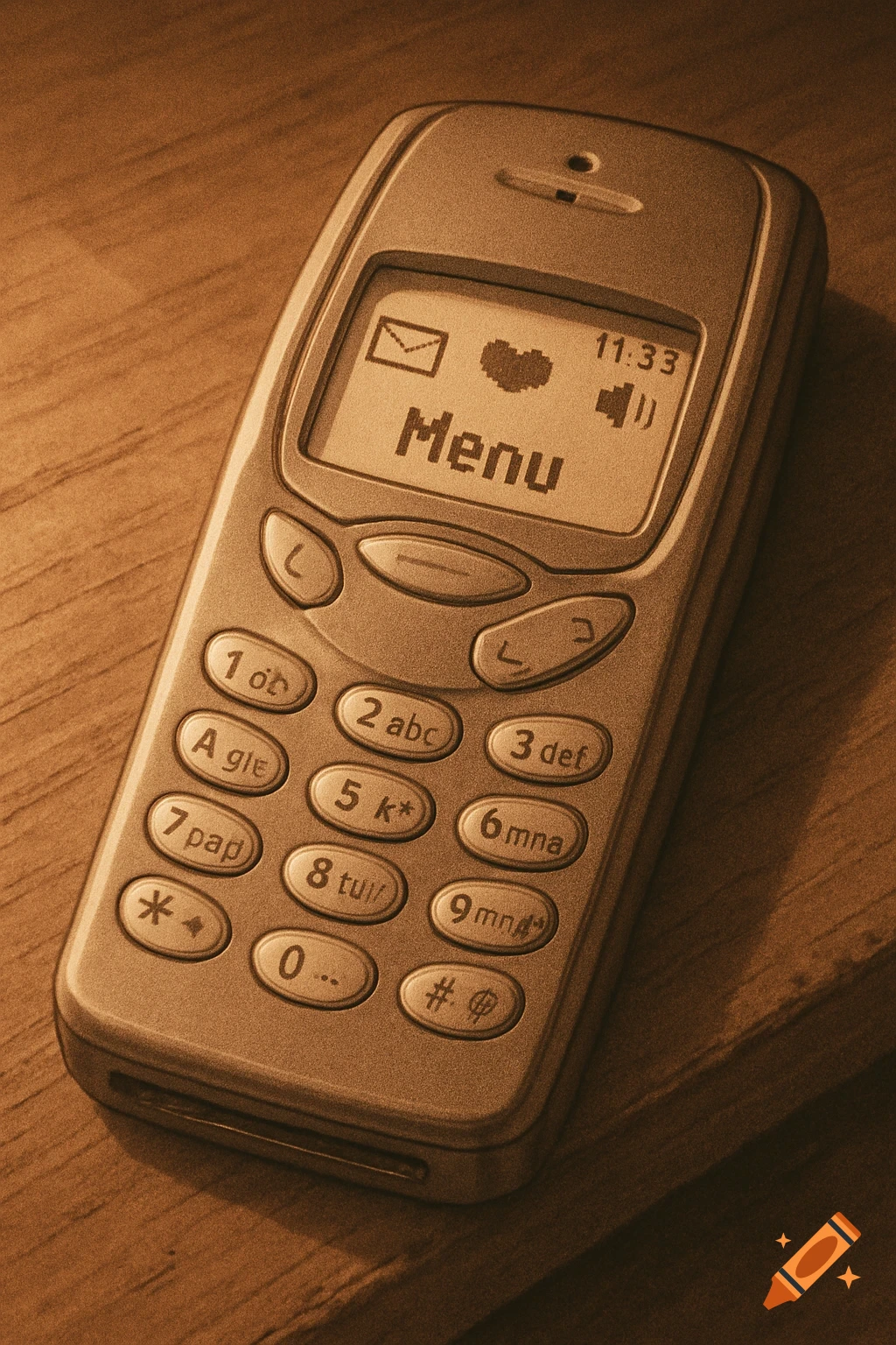 Sepia-toned close-up of an old-style mobile phone with 'Menu' displayed on the screen, resting on a wooden surface.