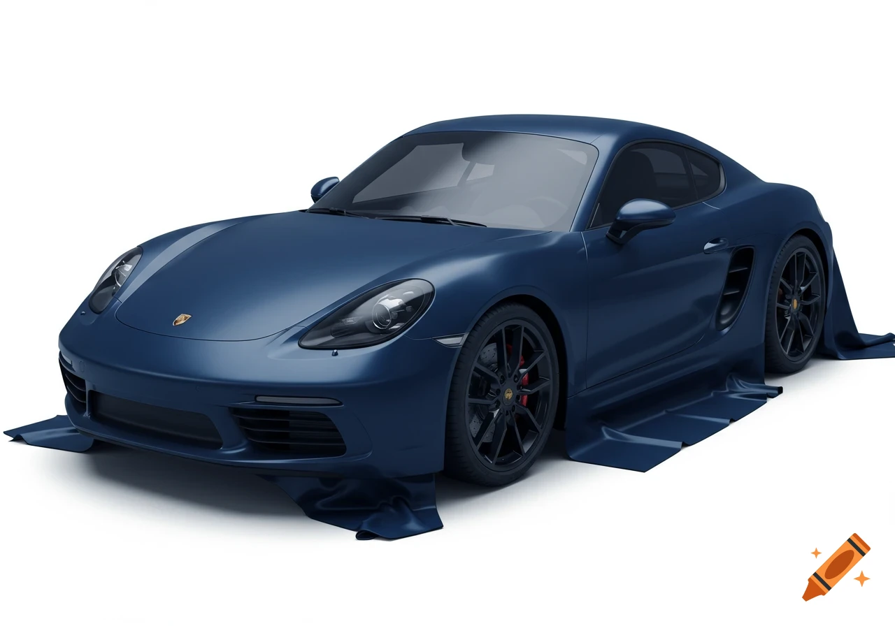 A photorealistic dark blue Porsche sports car partially covered by a dark blue cloth on a white background.