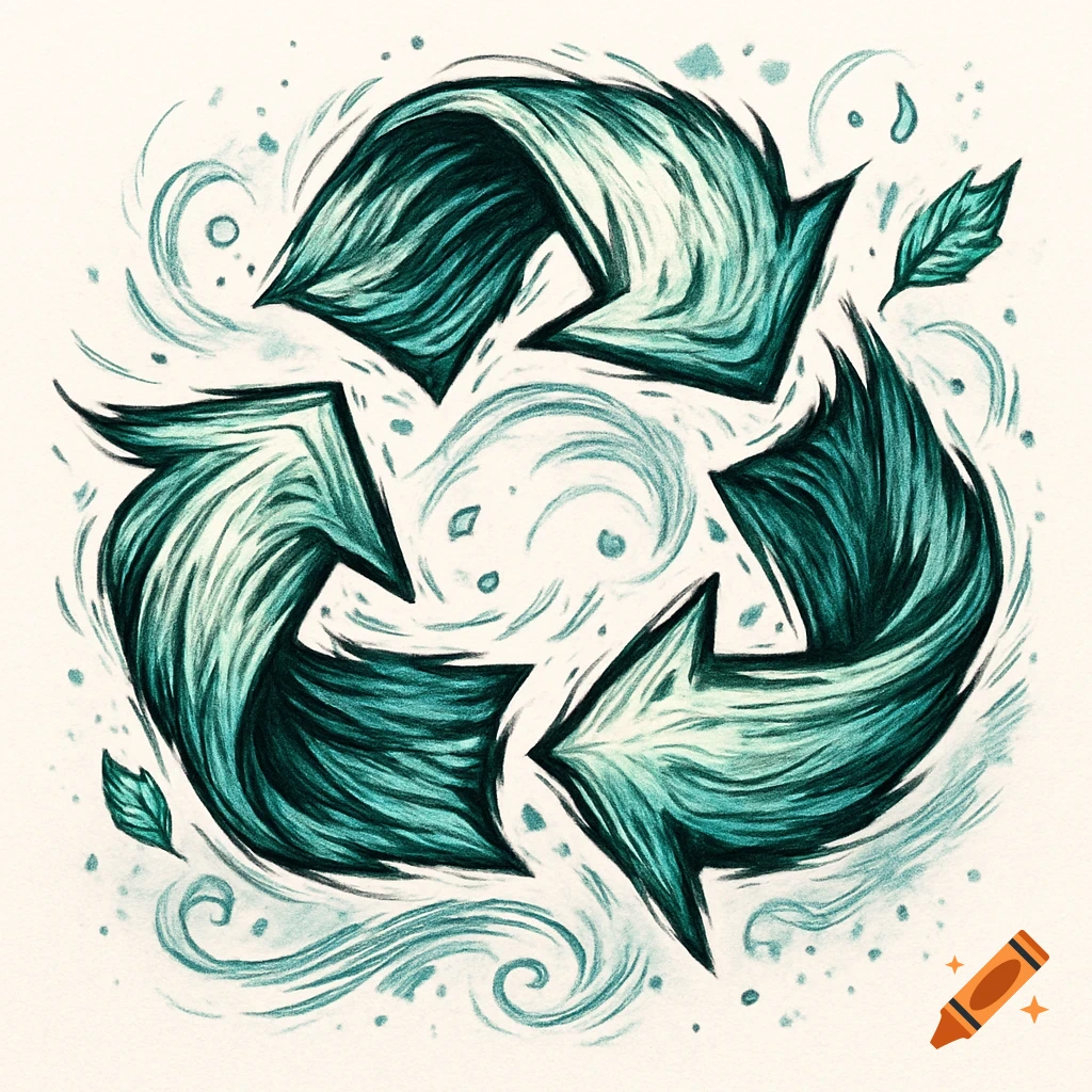 Stylized green recycling logo with a textured, flowing design, surrounded by subtle swirls and small leaves on a light background.