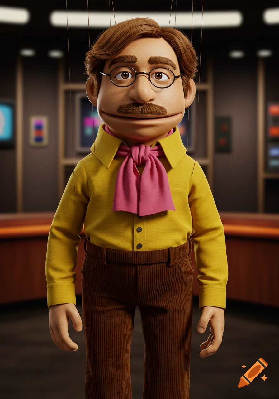 A brown-haired male puppet with a mustache and glasses, wearing a yellow shirt, pink cravat, and brown corduroy trousers, stands in a blurred TV studio.
