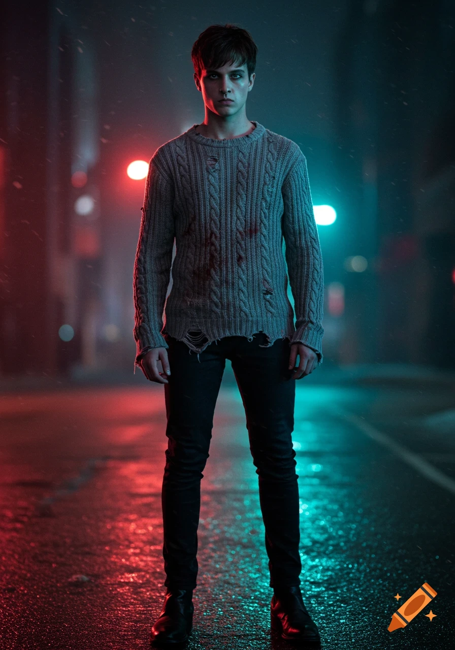 A serious young man in a torn, bloody cable knit sweater and black jeans stands on a wet, rainy street at night with red and blue neon lights reflecting.