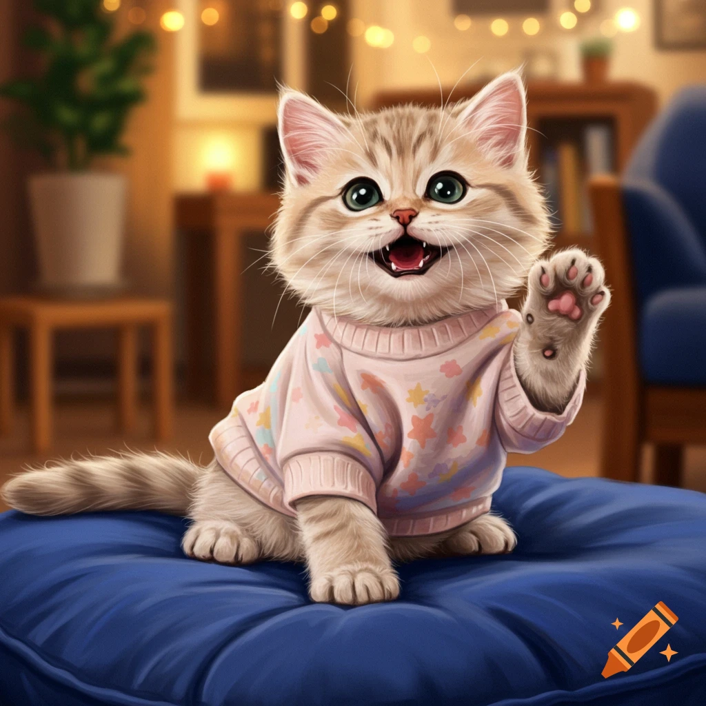 A fluffy, happy kitten in a pastel sweater sits on a blue cushion, waving its paw, in a cozy, warm-toned room, digital illustration.