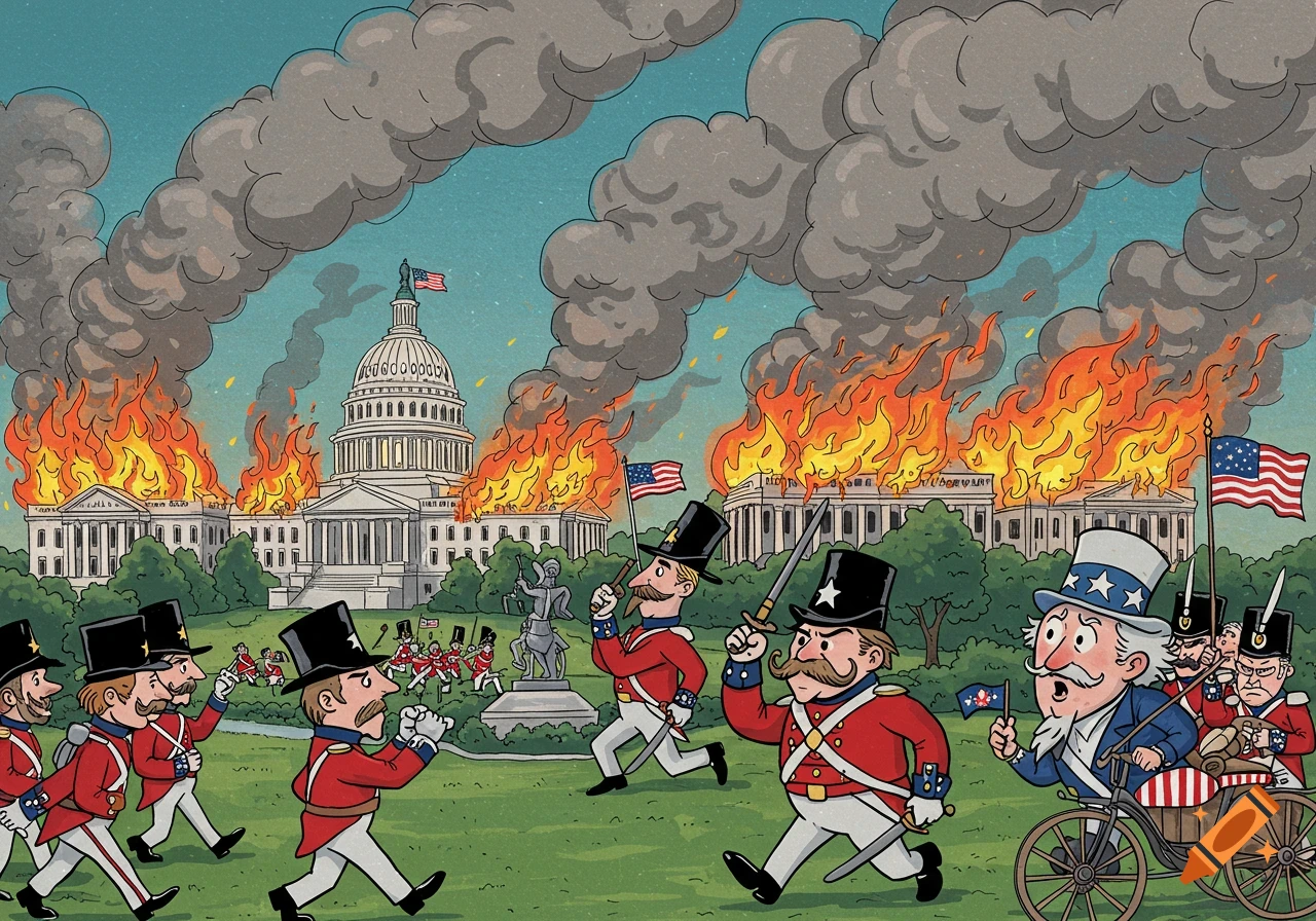 A cartoon depicting the British burning Washington D.C. during the War of 1812, with red-coated soldiers and Uncle Sam in the foreground, and the Capitol building on fire in the background.