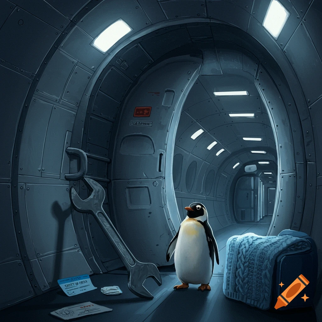A cartoon penguin stands in a futuristic, dark gray airplane cabin with a large wrench leaning against the wall.