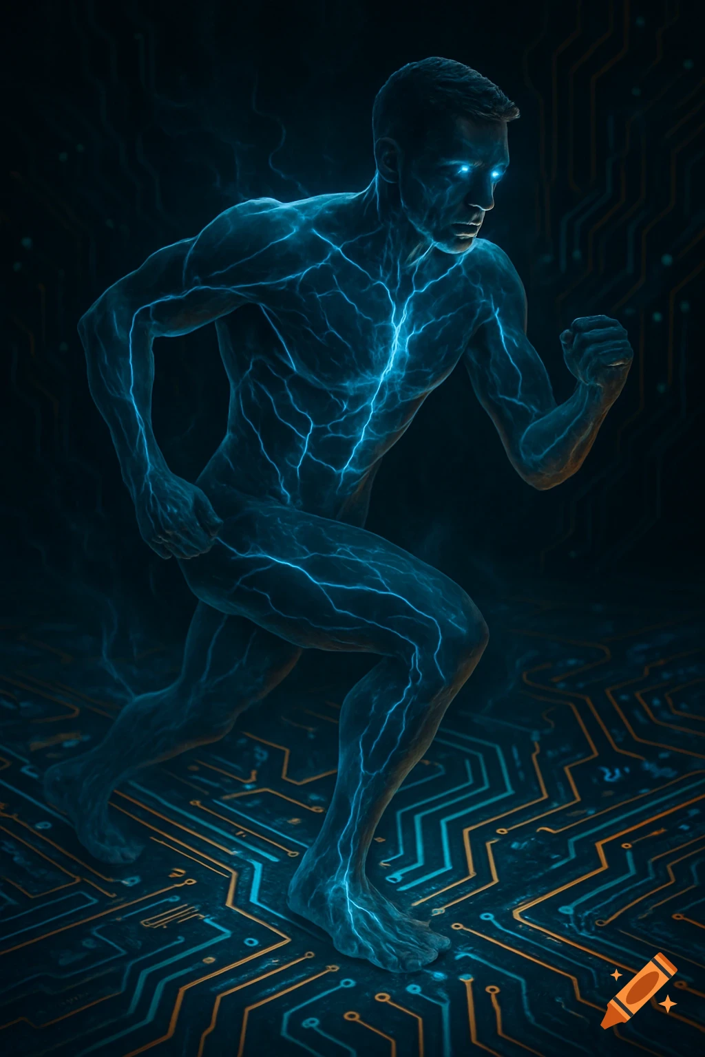A man made of glowing blue electricity runs on a dark circuit board background.