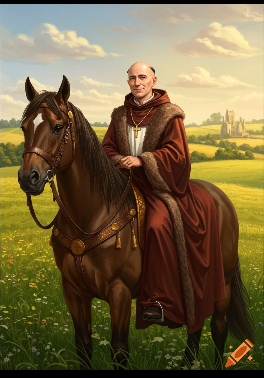 A bald monk in a red fur-trimmed robe with a cross necklace rides a brown horse through a green, flowery field towards a distant castle.