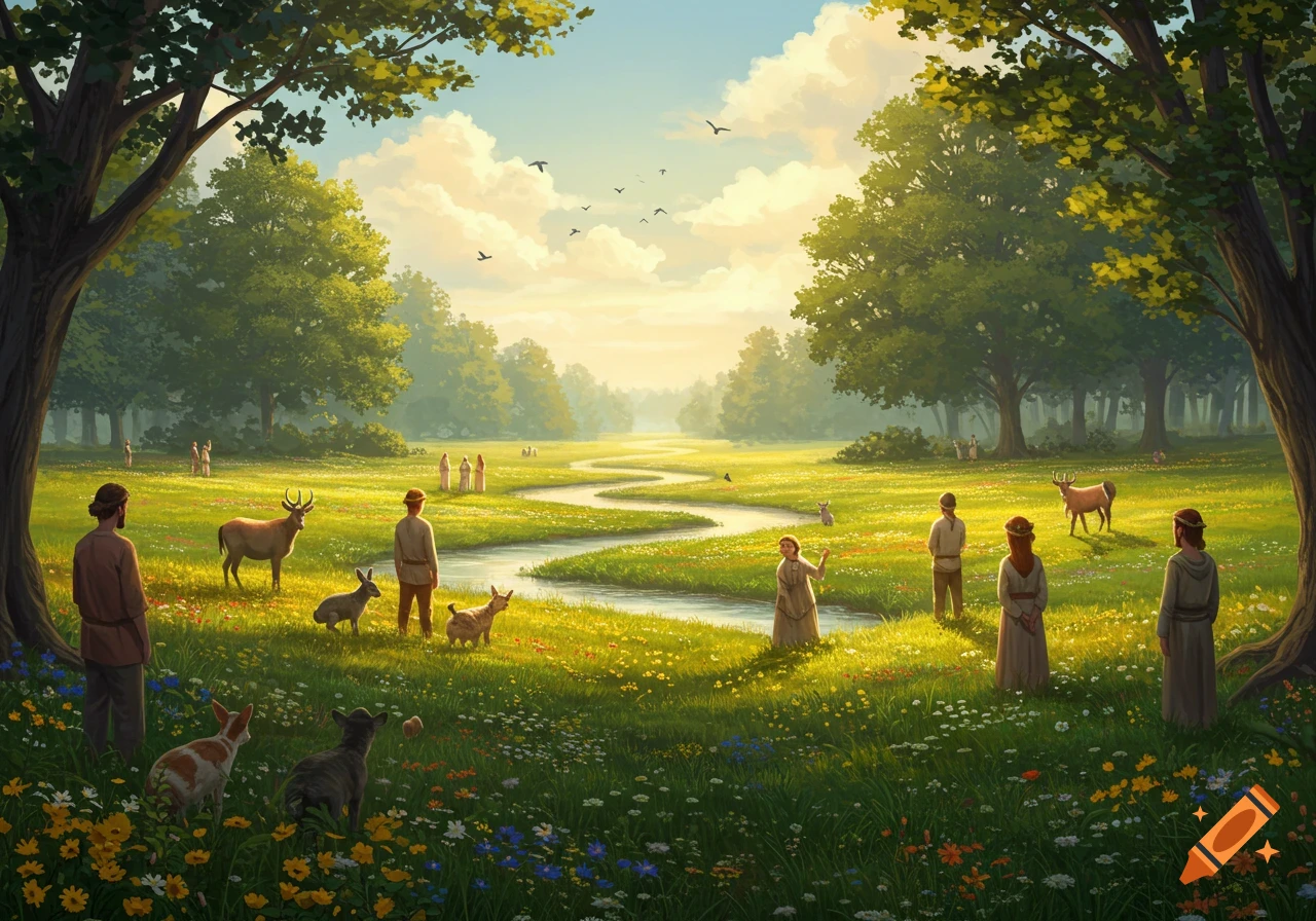 A vibrant illustration of a lush valley with people, deer, and goats by a winding river under a bright sky.