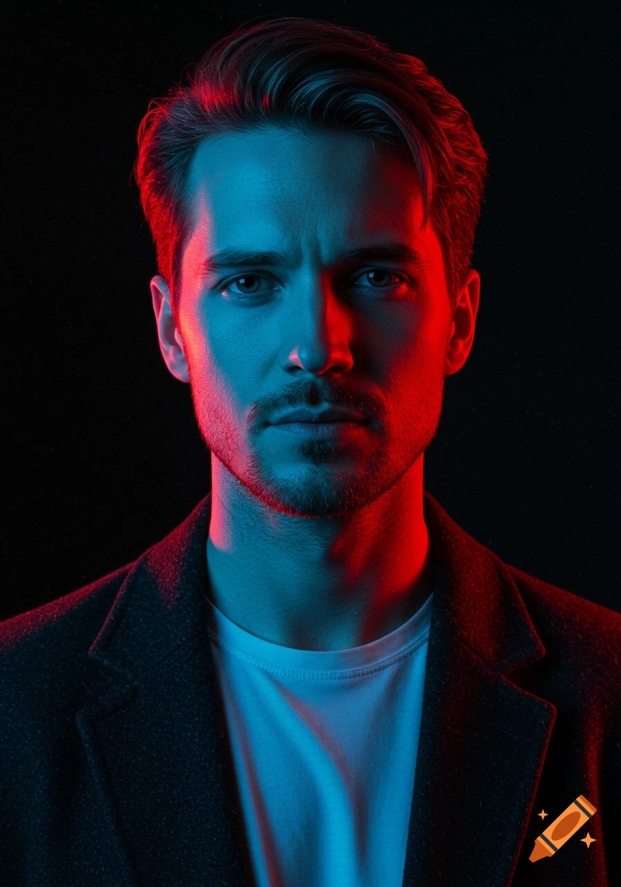 A close-up portrait of a man with blue light on his left face and red light on his right, wearing a white t-shirt and dark coat.