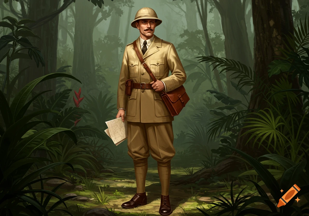 A man in a 1930s explorer uniform and pith helmet stands in a dense jungle, holding a map. Illustration.