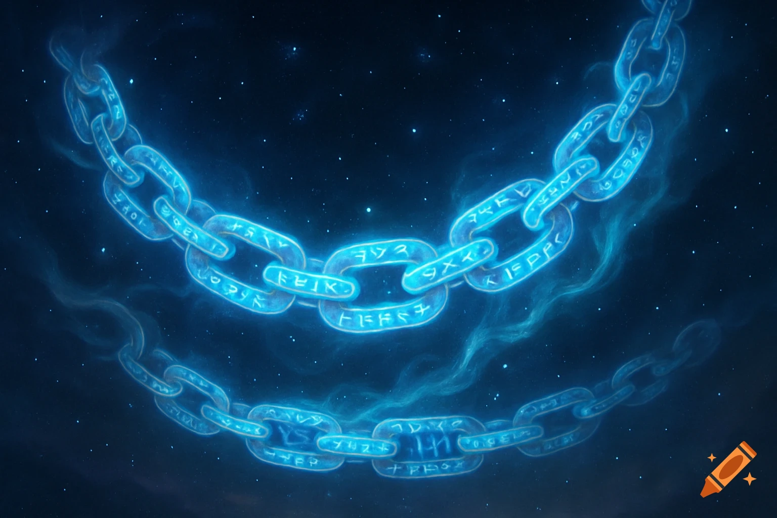 Glowing blue chains with mystical runes float against a dark, starry background with wisps of blue smoke.