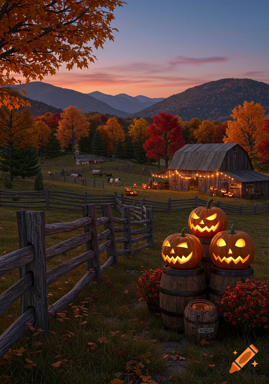 Hyperrealistic autumn mountain farm at dusk with fall foliage, a barn, split rail fence, and glowing jack-o'-lanterns.