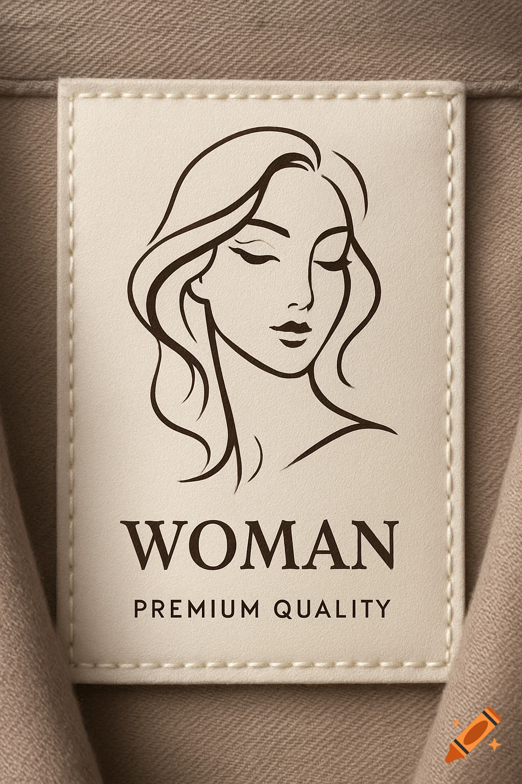 A beige fabric clothing label featuring a line drawing of a woman's face, with the text 'WOMAN PREMIUM QUALITY' beneath it.