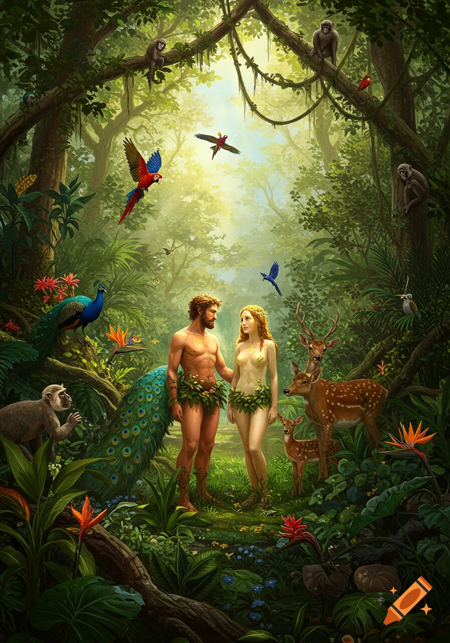 Adam and Eve stand amidst lush jungle foliage with peacocks, monkeys, and deer surrounding them under a bright sky.