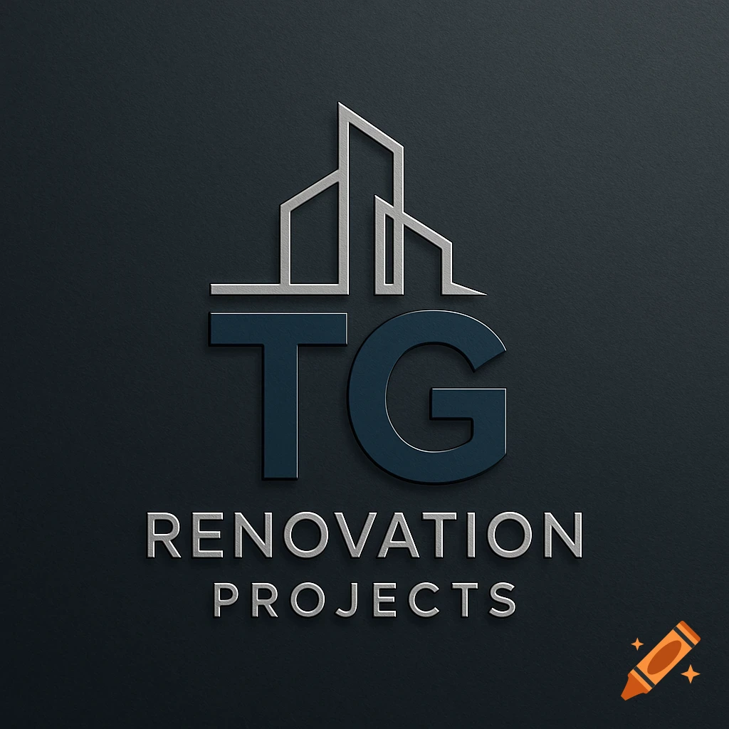 A silver and blue logo on a dark background featuring abstract building outlines above "TG" and "RENOVATION PROJECTS".