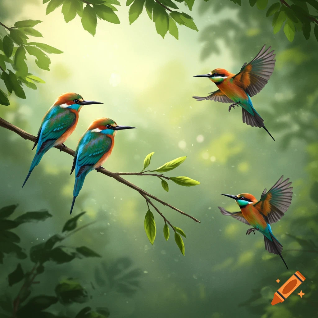 Two colorful bee-eater-like birds perch on a branch, while two others fly around in a lush green forest with sunlit leaves.