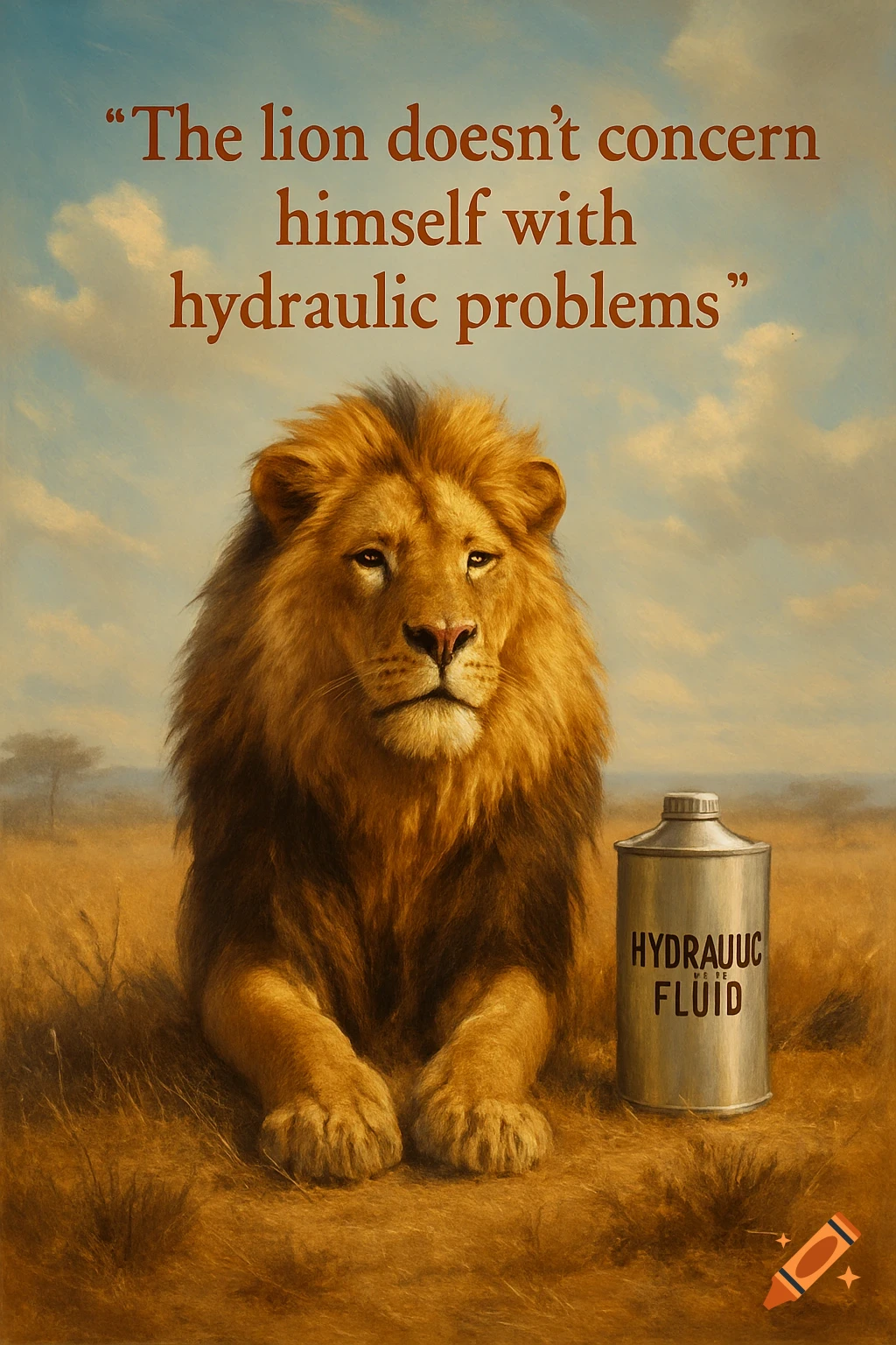 A painterly lion sits in a savanna next to a can labeled 'HYDRAUUC FLUID'. Above it, the quote 'The lion doesn't concern himself with hydraulic problems' is written.
