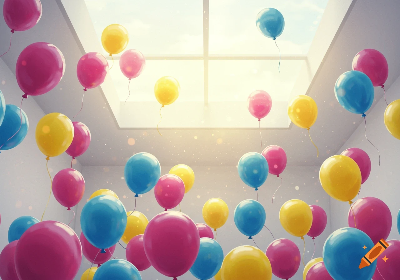 Pink, yellow, and blue helium balloons float towards a bright skylight in a modern room.