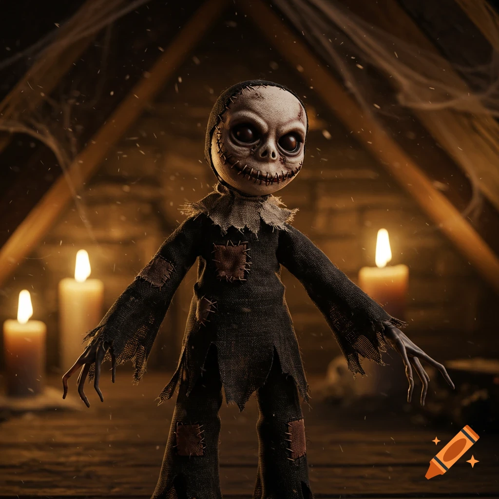 A creepy, handmade doll with a stitched face and ragged clothes stands in a dusty attic illuminated by two glowing candles.