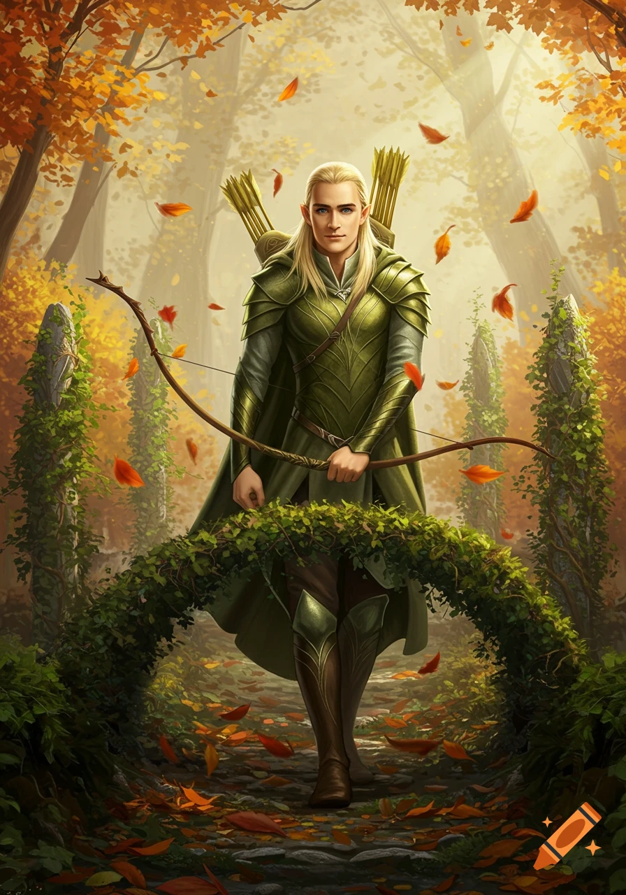 An elven archer resembling Legolas, with golden hair and green armor, stands in an autumn forest with falling leaves and an ivy arch. Digital fantasy art.