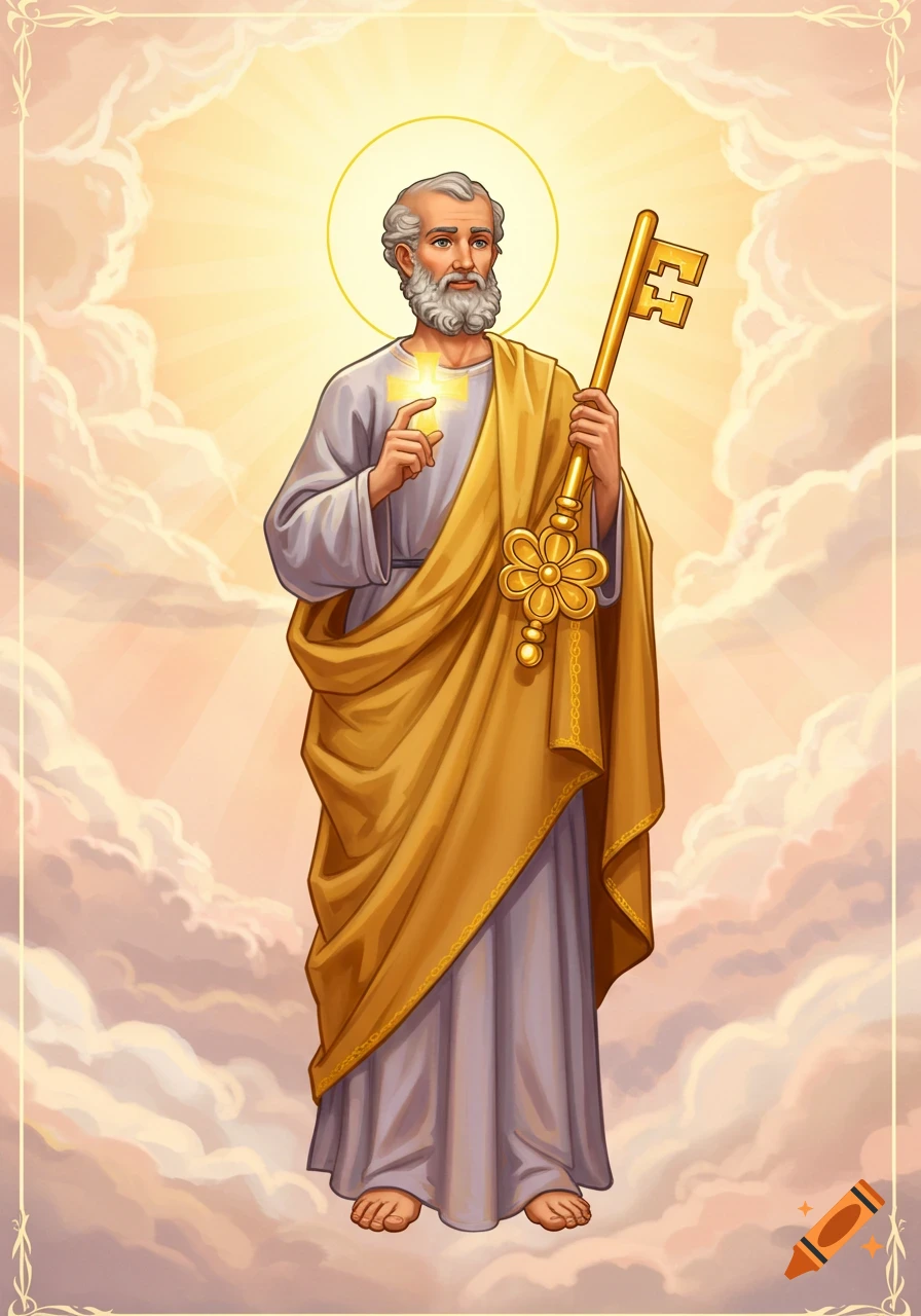 Illustration of Saint Peter with a golden halo and key, standing amidst heavenly clouds bathed in divine light.