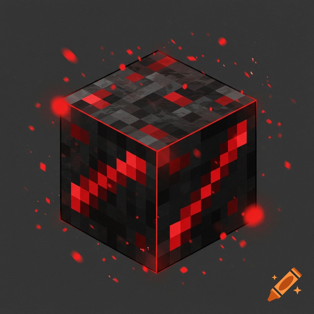 A dark, pixelated Minecraft-style block, glowing with red light and surrounded by red particles against a gray background.
