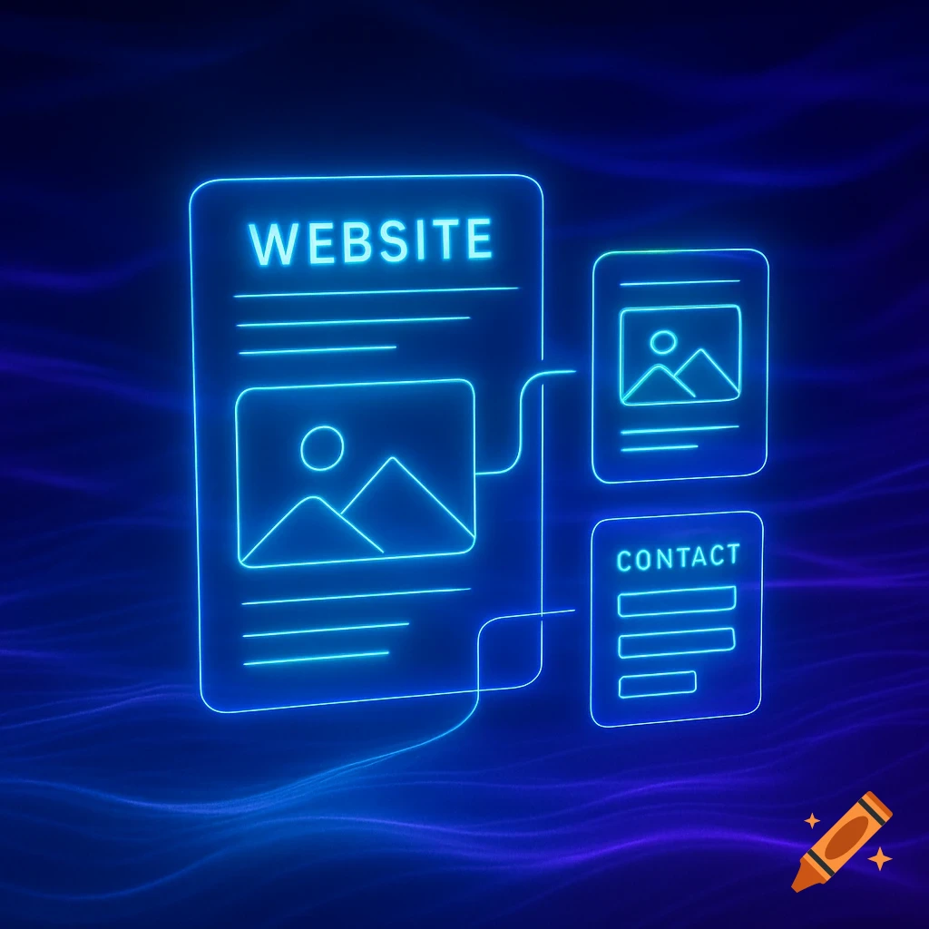 Glowing neon blue outlines of digital website pages and a contact form against a futuristic blue background.