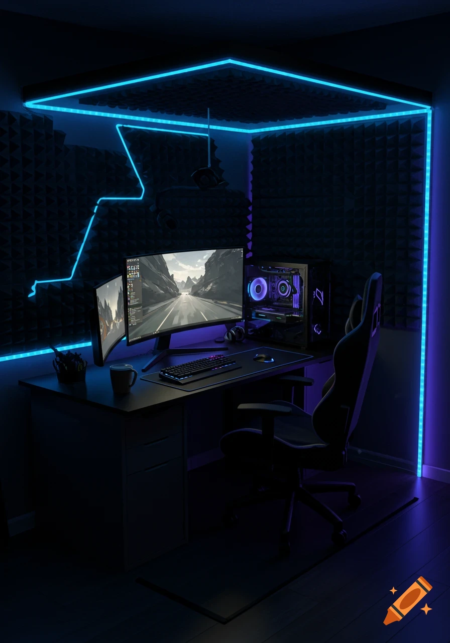 A dark gaming room with a desk, two monitors showing a game, a glowing PC, and a gaming chair, lit by blue neon strips.