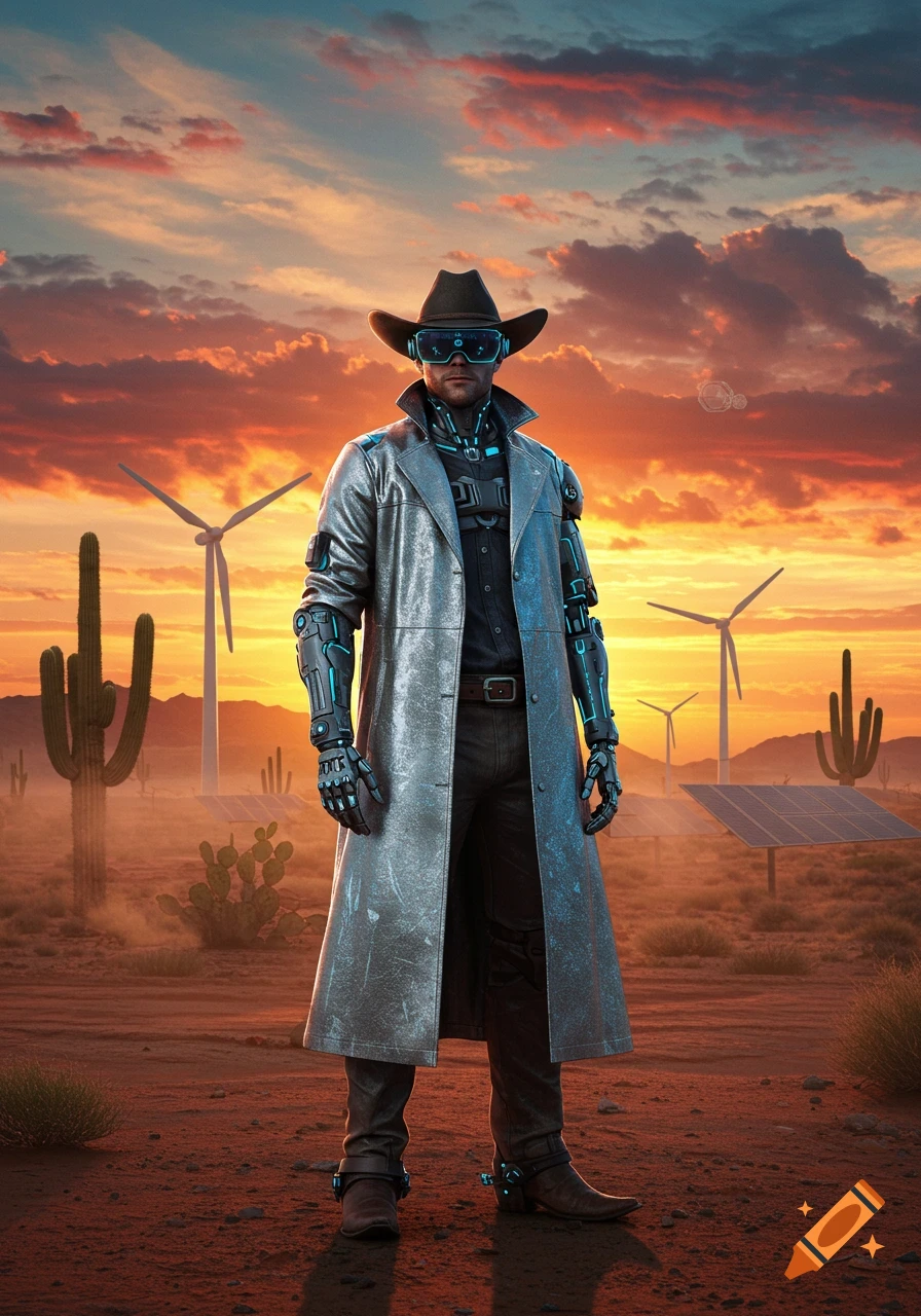 A cyberpunk cowboy in a metallic trench coat and goggles stands in a desert with wind turbines and solar panels under a sunset sky.