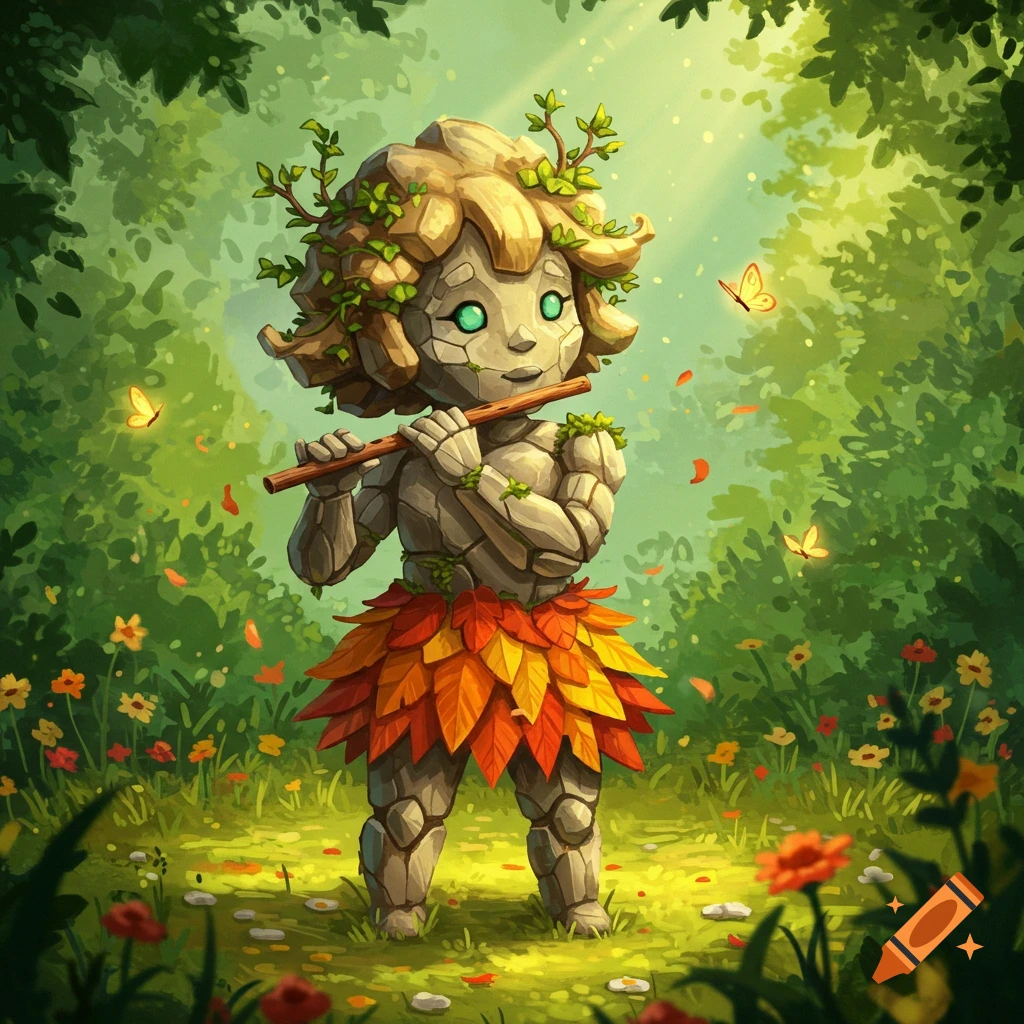 A cute cartoonish rock creature with green eyes, leafy hair, and a skirt of autumn leaves plays a flute in a sunlit forest with butterflies.