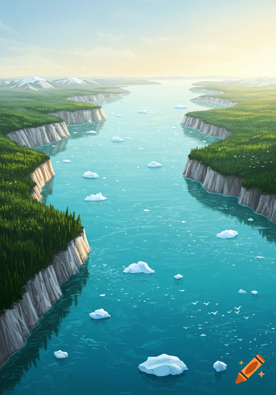 An aerial view of a wide river or bay filled with icebergs, flanked by steep cliffs covered in green forests, under a clear sky.