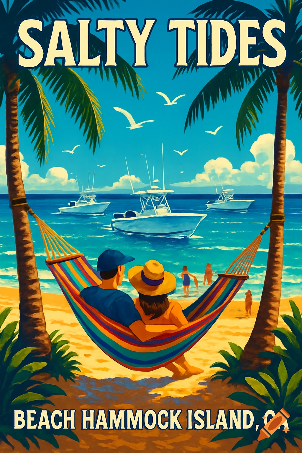 Vintage travel poster of a couple in a hammock on a beach with palm trees and boats. Text: 'Salty Tides Beach Hammock Island, GA'.